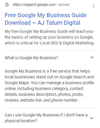 Rich snippet example of AJ Tatum Digital's Google My Business Guide